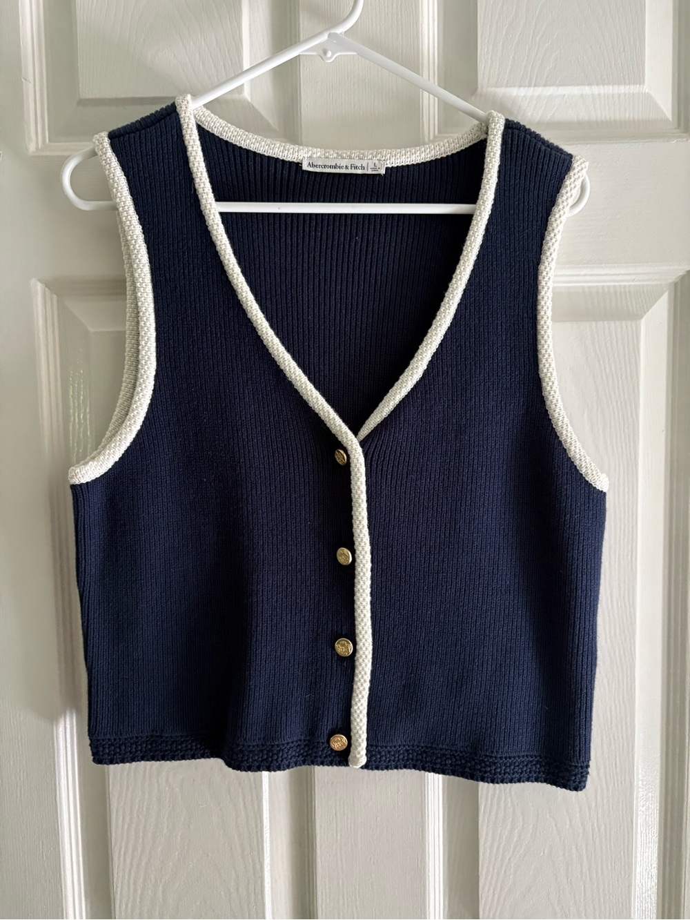 Abercrombie & Fitch Navy Knit V-Neck Button Vest with Cream Trim